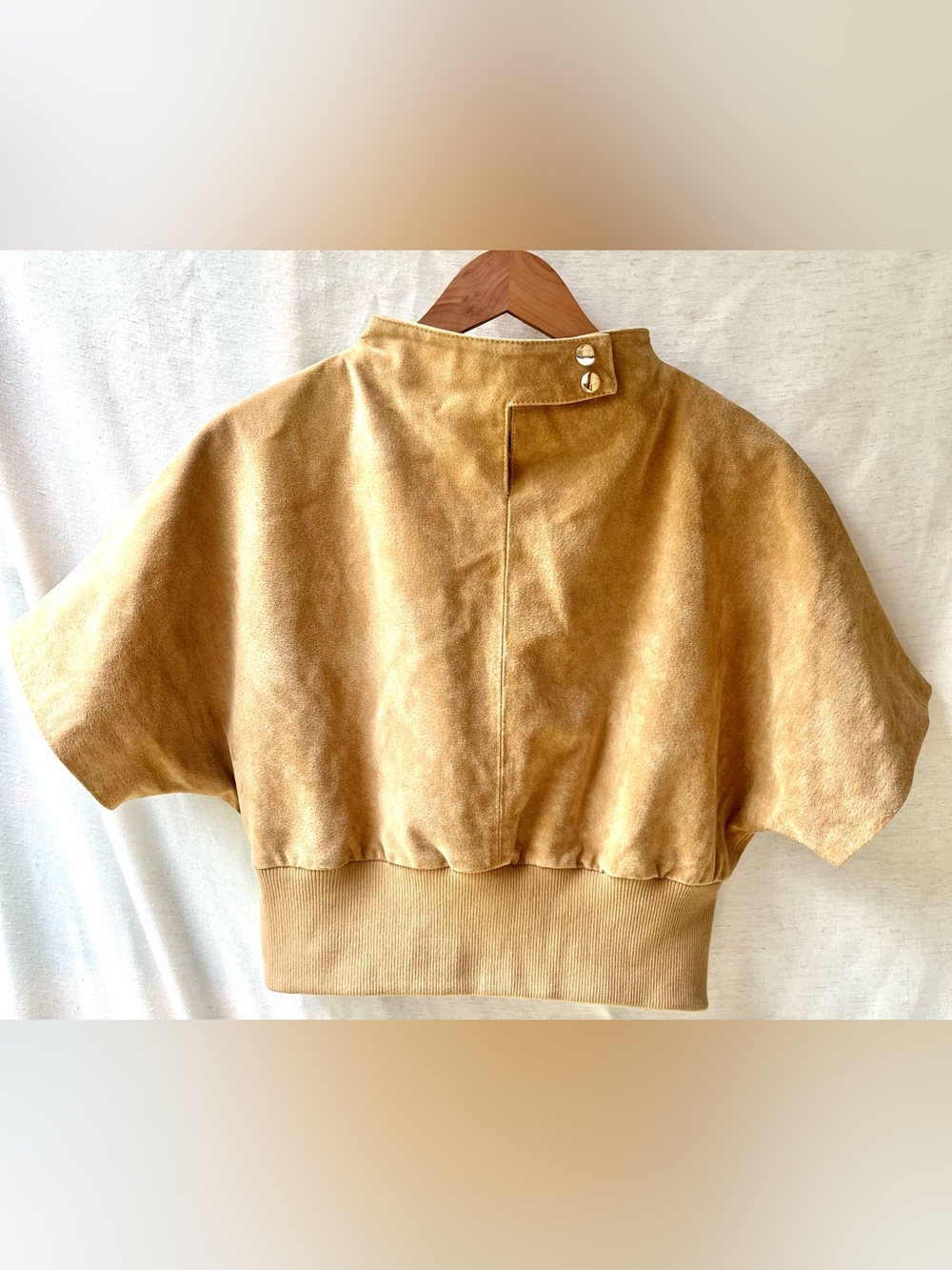 Zara Suede Leather Top High Neck Short Sleeves Snap Button Closure Beige Medium - Picture 12 of 16